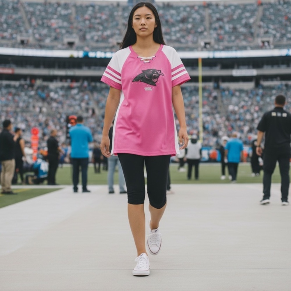 Majestic Fan Fashion Pink White Carolina Panthers Short Sleeve Tee Top Large